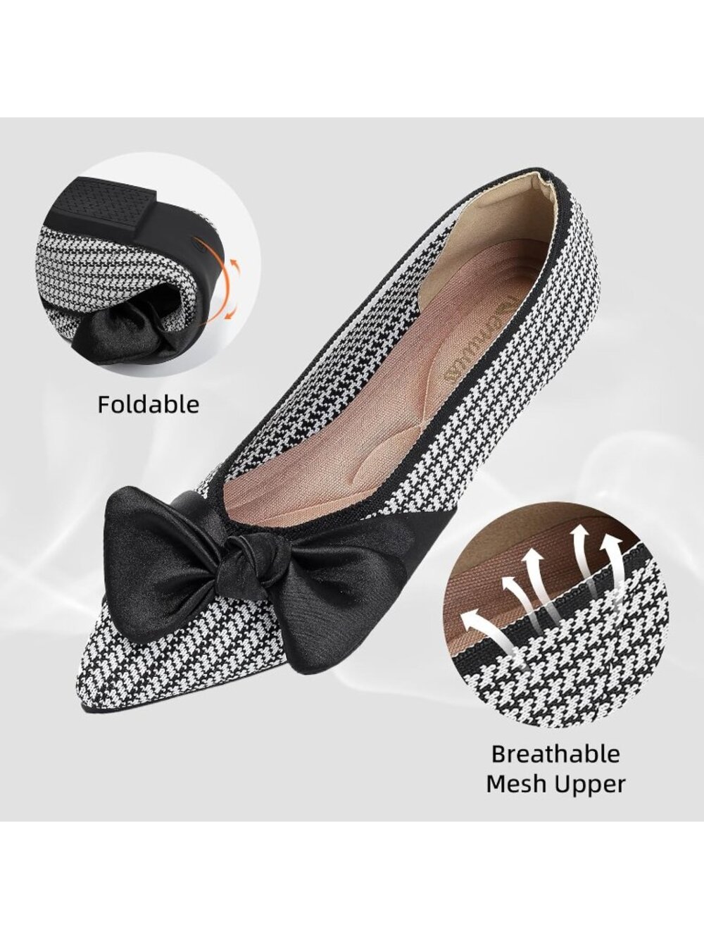〽️Women's Black White Pointed Toe Ballet Flat Slip On Comfortable Bow Shoes - Picture 4 of 6